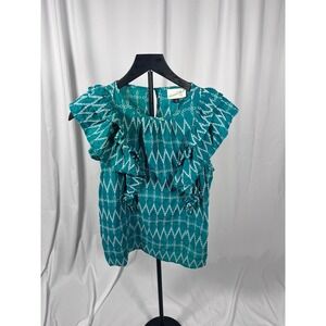 Universal Thread Green Embroidered Ruffle Sleeve Top Size S Boho Cotton Blouse